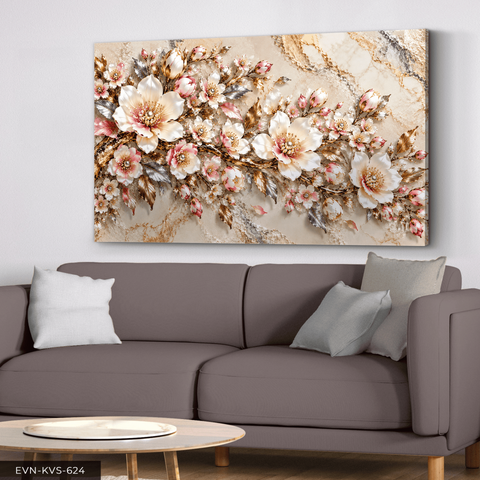 Gold Gümüş Yapraklı İncili Çiçek Tek Parça Kanvas - Canvas Tablo