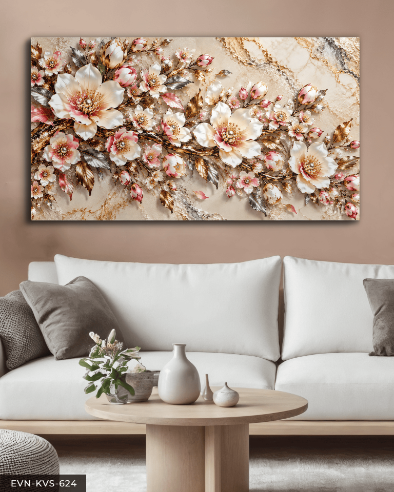Gold Gümüş Yapraklı İncili Çiçek Tek Parça Kanvas - Canvas Tablo
