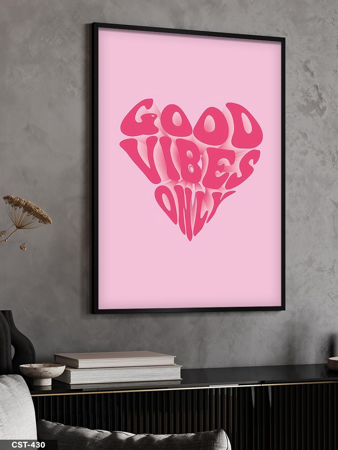 Good Vibes Only Kalp Tek Parça Ahşap Çerçeveli Tablo Siyah - 40 x 60 CM