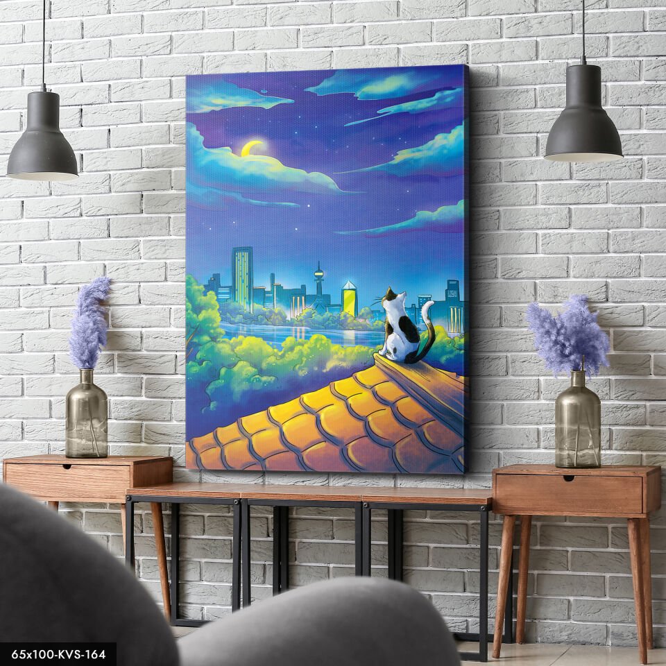 Çatıda Kedi Kanvas - Canvas Tablo 40 x 30 CM - Çok Renkli