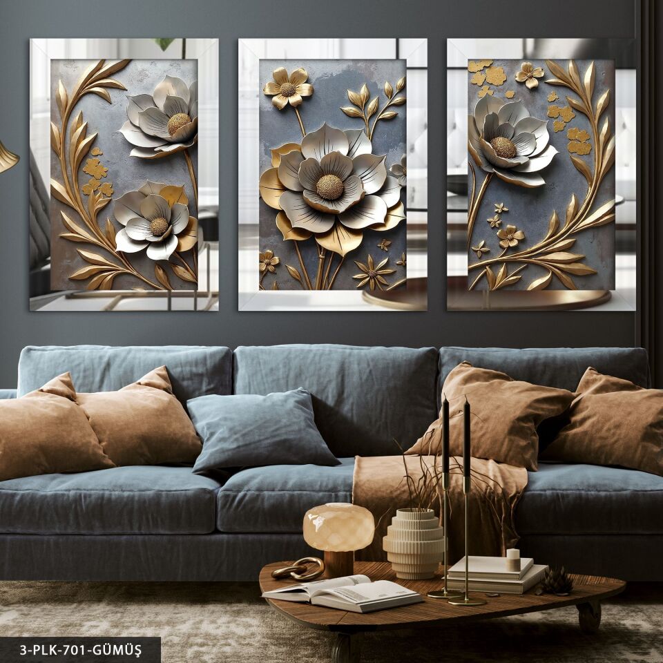 Gold Yapraklı Çiçek 3 Parça Pleksi Aynalı Tablo 20 x 30 CM - Gümüş