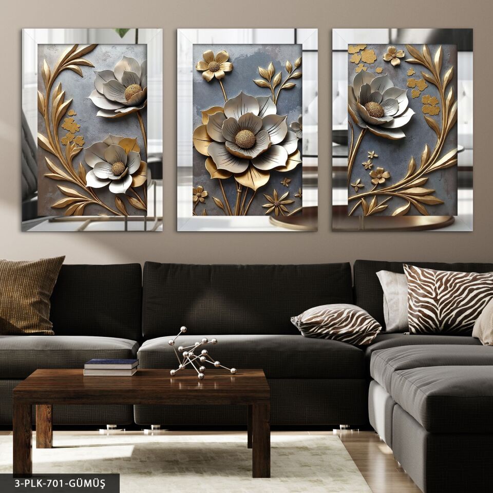 Gold Yapraklı Çiçek 3 Parça Pleksi Aynalı Tablo 20 x 30 CM - Gümüş