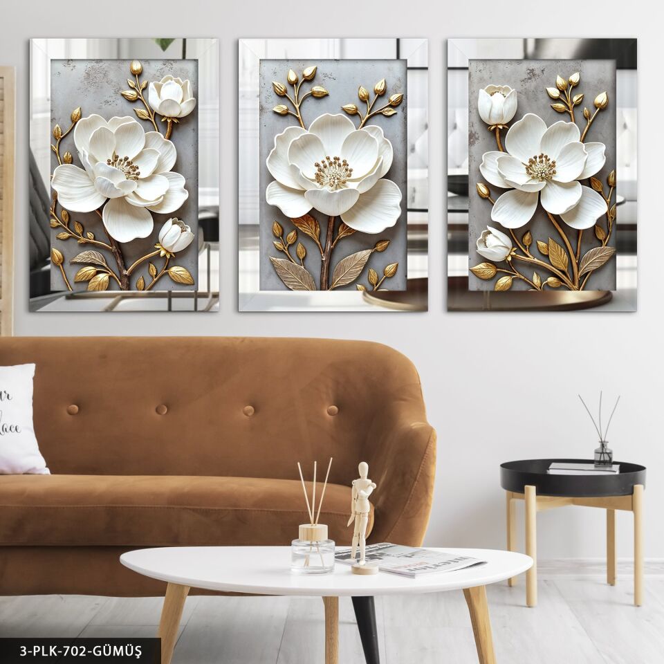 Gold Yapraklı Beyaz Çiçek 3 Parça Pleksi Aynalı Tablo 20 x 30 CM - Gümüş