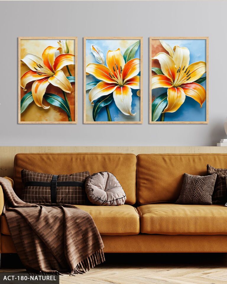Renkli Zambak 3 Parça Ahşap Çerçeveli Tablo ACT Naturel - 40 x 60 CM