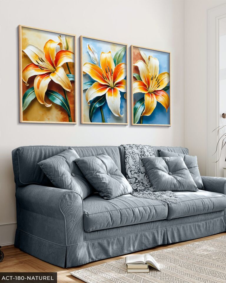 Renkli Zambak 3 Parça Ahşap Çerçeveli Tablo ACT Naturel - 40 x 60 CM