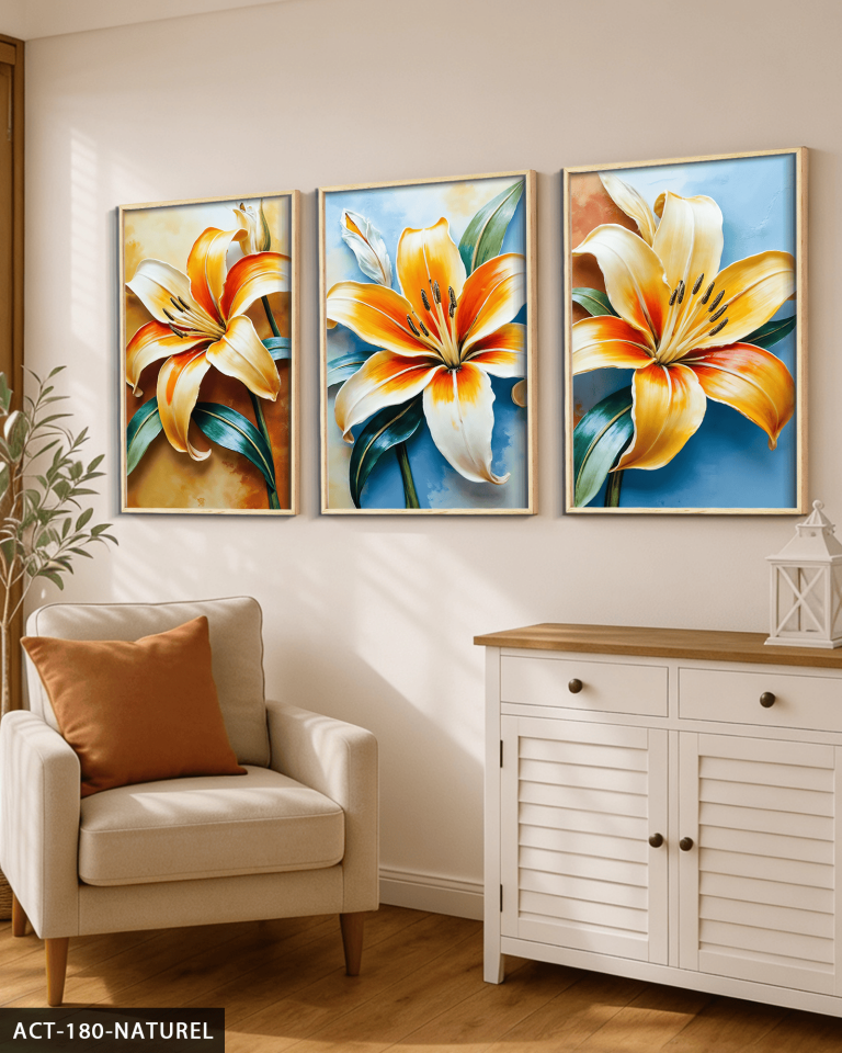Renkli Zambak 3 Parça Ahşap Çerçeveli Tablo ACT Naturel - 40 x 60 CM