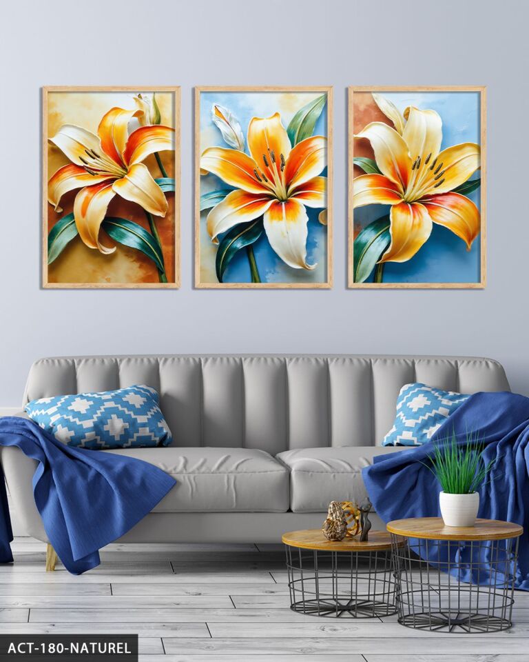 Renkli Zambak 3 Parça Ahşap Çerçeveli Tablo ACT Naturel - 40 x 60 CM