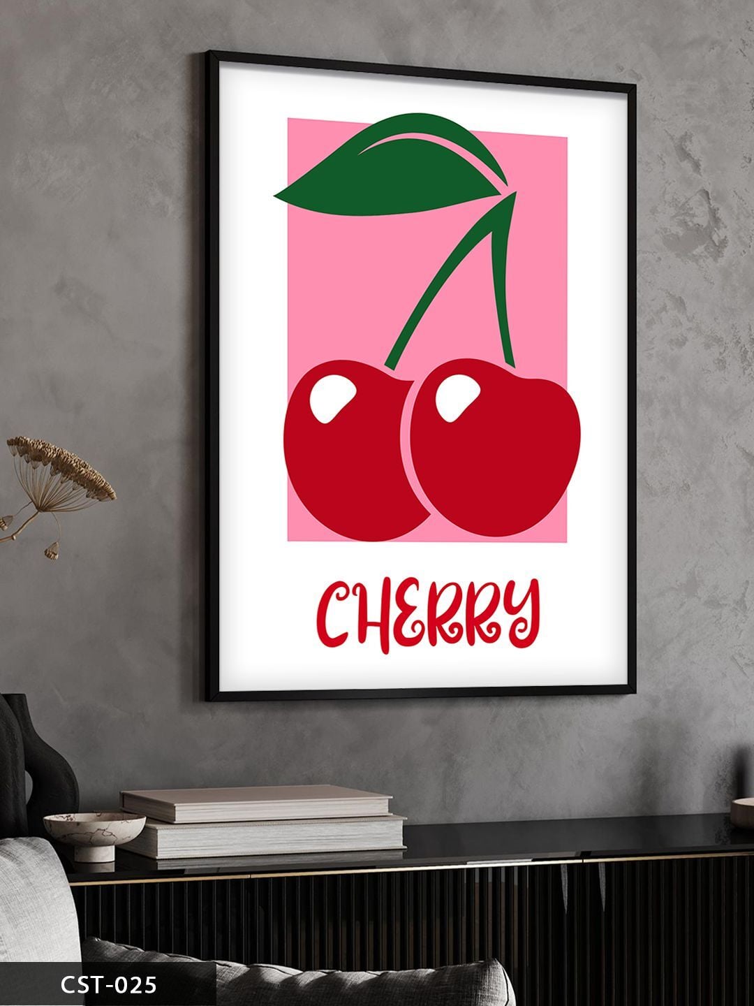 Cherry Pembe Kiraz Tek Parça Ahşap Çerçeveli Tablo Siyah - 30 x 40 CM