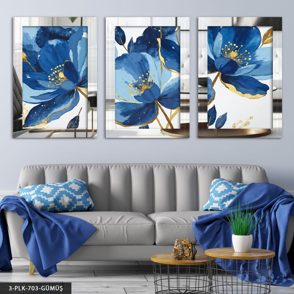 Gold Detaylı Mavi Çiçek 3 Parça Pleksi Aynalı Tablo 20 x 30 CM - Gümüş