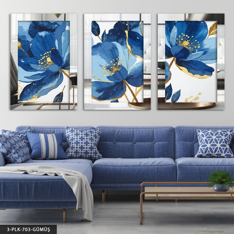 Gold Detaylı Mavi Çiçek 3 Parça Pleksi Aynalı Tablo 20 x 30 CM - Gümüş