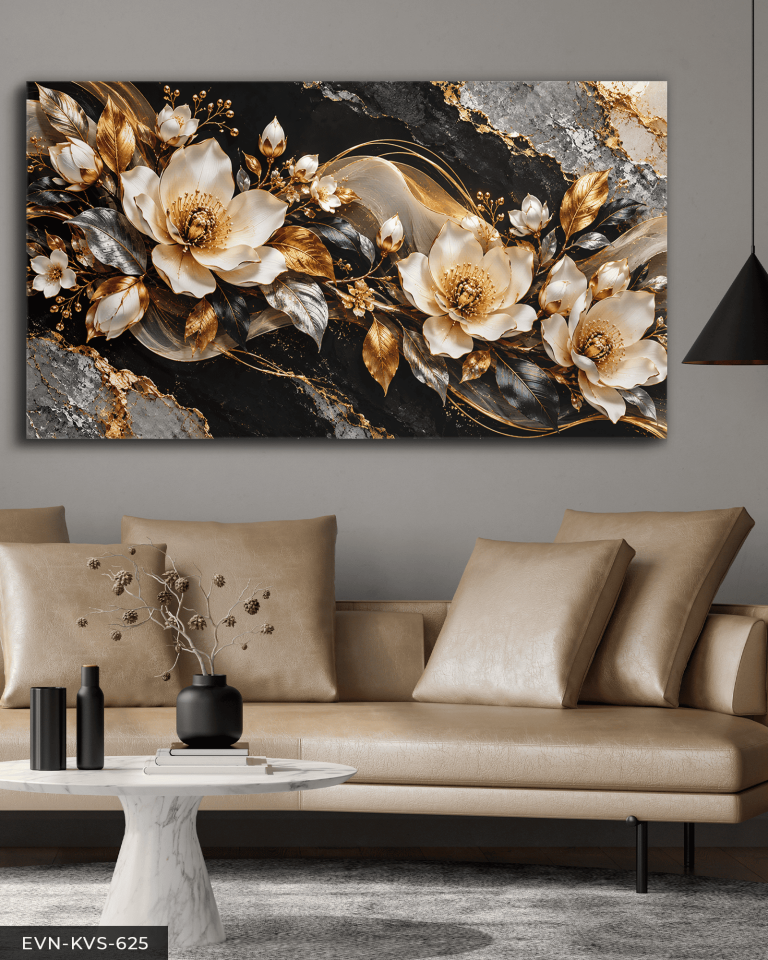 Gold Işıltılı Zarif Beyaz Çiçek Tek Parça Kanvas - Canvas Tablo