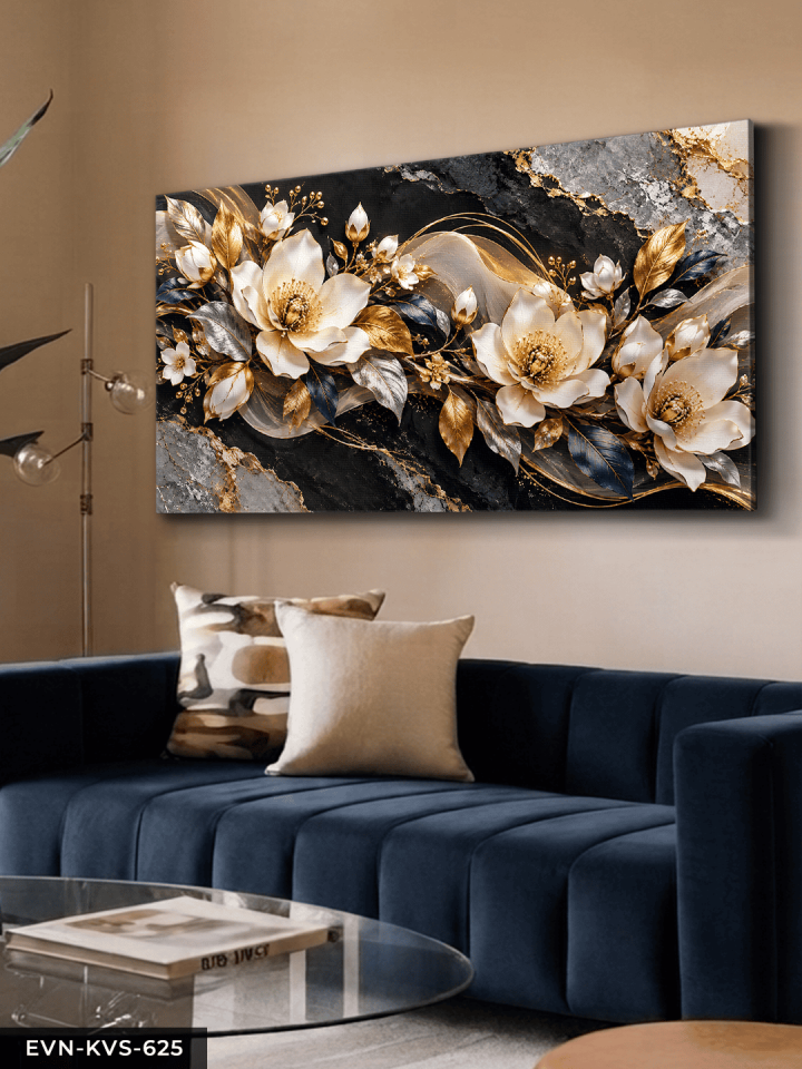 Gold Işıltılı Zarif Beyaz Çiçek Tek Parça Kanvas - Canvas Tablo