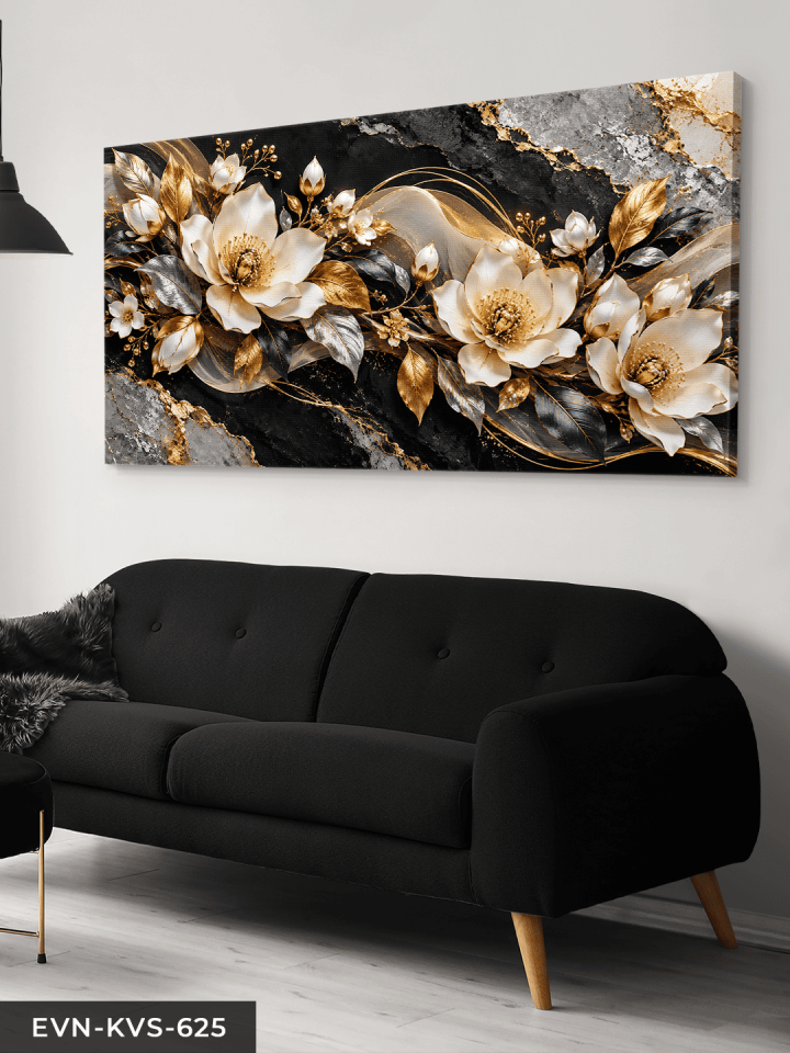 Gold Işıltılı Zarif Beyaz Çiçek Tek Parça Kanvas - Canvas Tablo