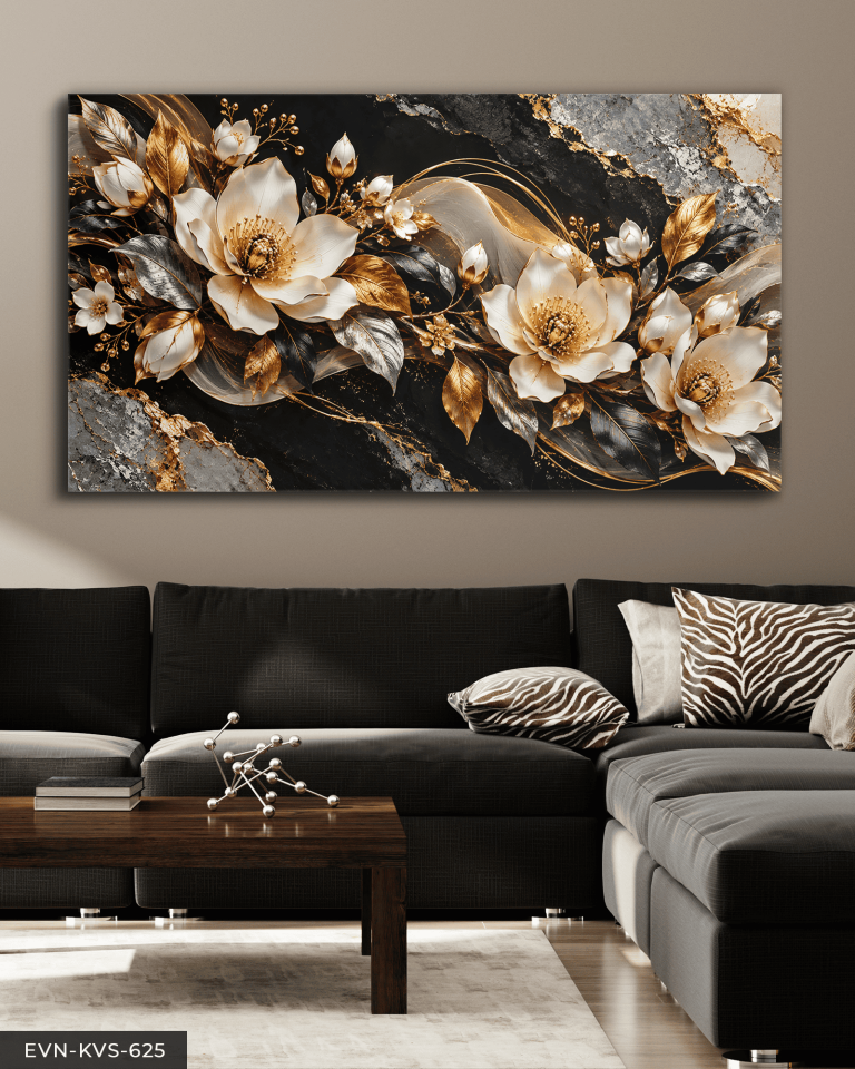 Gold Işıltılı Zarif Beyaz Çiçek Tek Parça Kanvas - Canvas Tablo