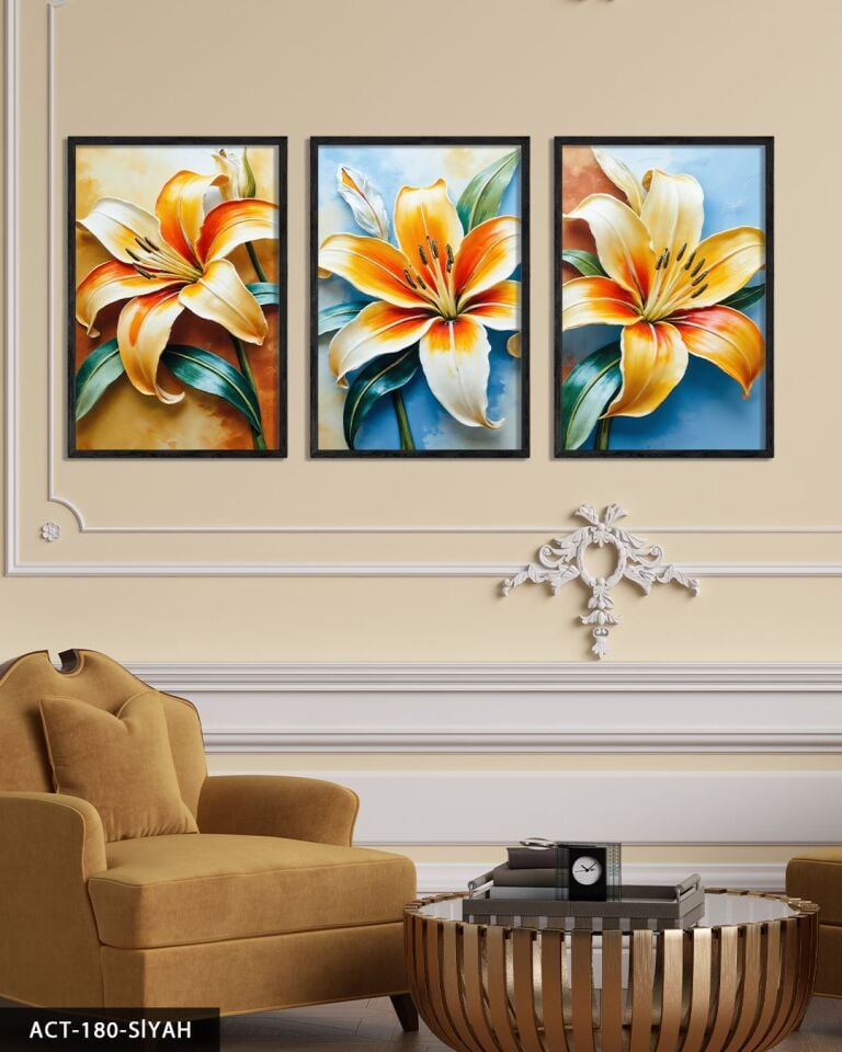 Renkli Zambak 3 Parça Ahşap Çerçeveli Tablo ACT Siyah - 20 x 30 CM
