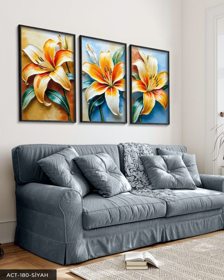 Renkli Zambak 3 Parça Ahşap Çerçeveli Tablo ACT Siyah - 20 x 30 CM