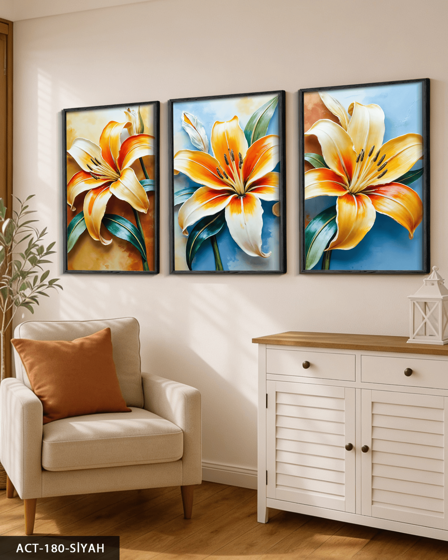 Renkli Zambak 3 Parça Ahşap Çerçeveli Tablo ACT Siyah - 40 x 60 CM