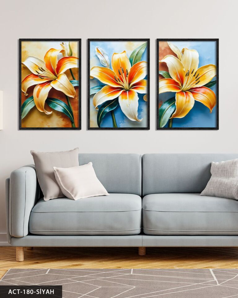 Renkli Zambak 3 Parça Ahşap Çerçeveli Tablo ACT Siyah - 40 x 60 CM