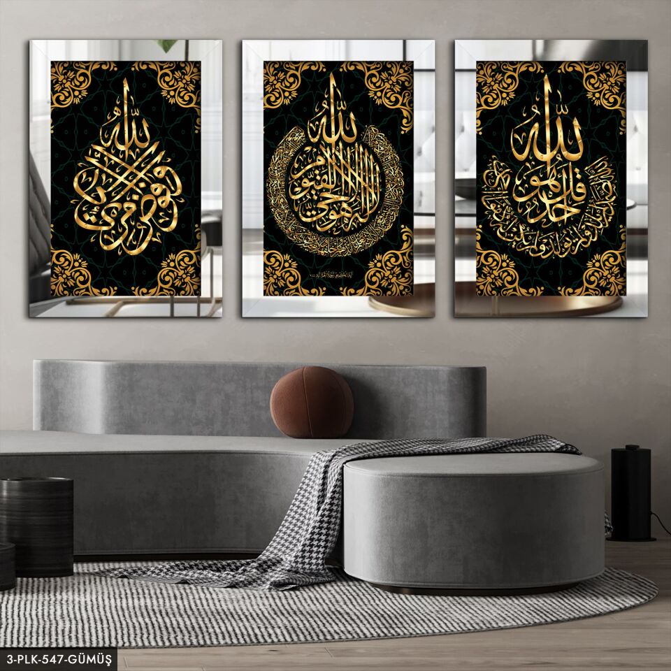 Ayetel Kürsi Kafirun İhlas Suresi 3 Parça Pleksi Aynalı Tablo 40 x 60 CM - Gümüş