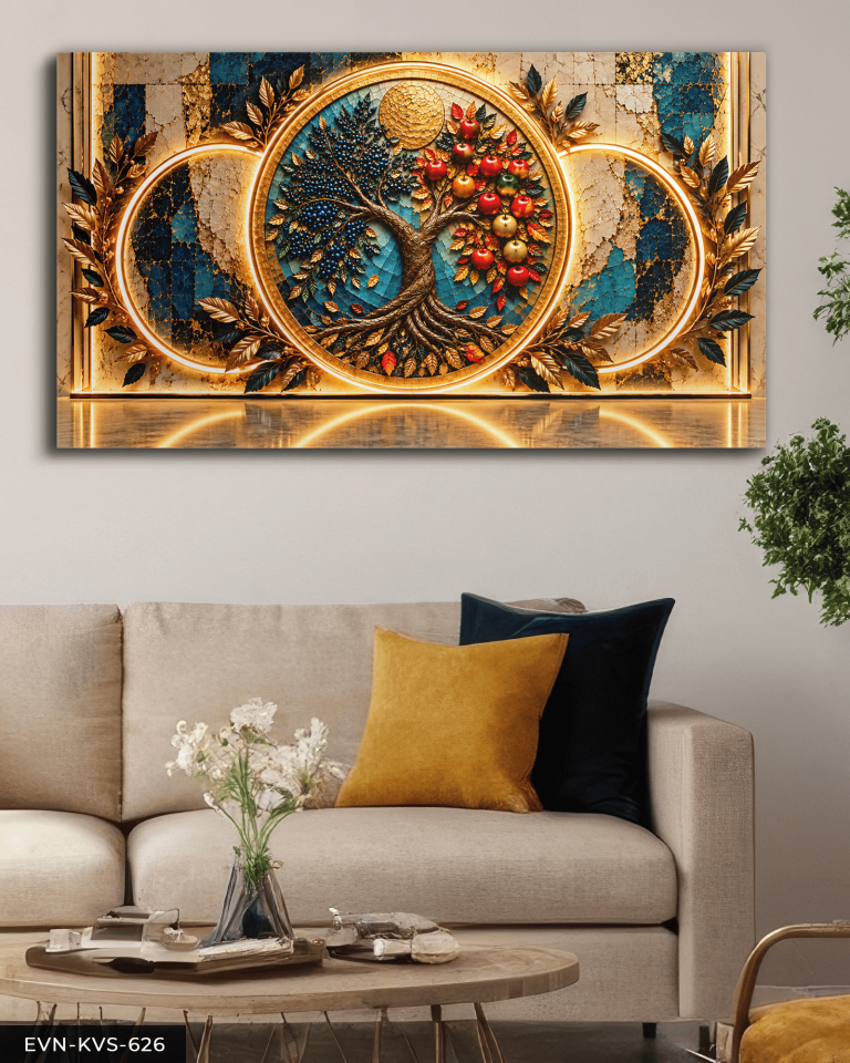 Yuvarlak Desenler ve Elma Ağacı Tek Parça Işıksız Kanvas - Canvas Tablo
