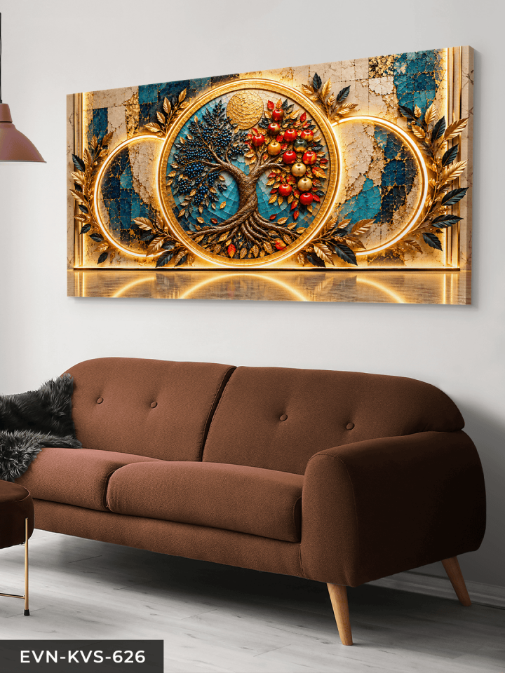 Yuvarlak Desenler ve Elma Ağacı Tek Parça Işıksız Kanvas - Canvas Tablo