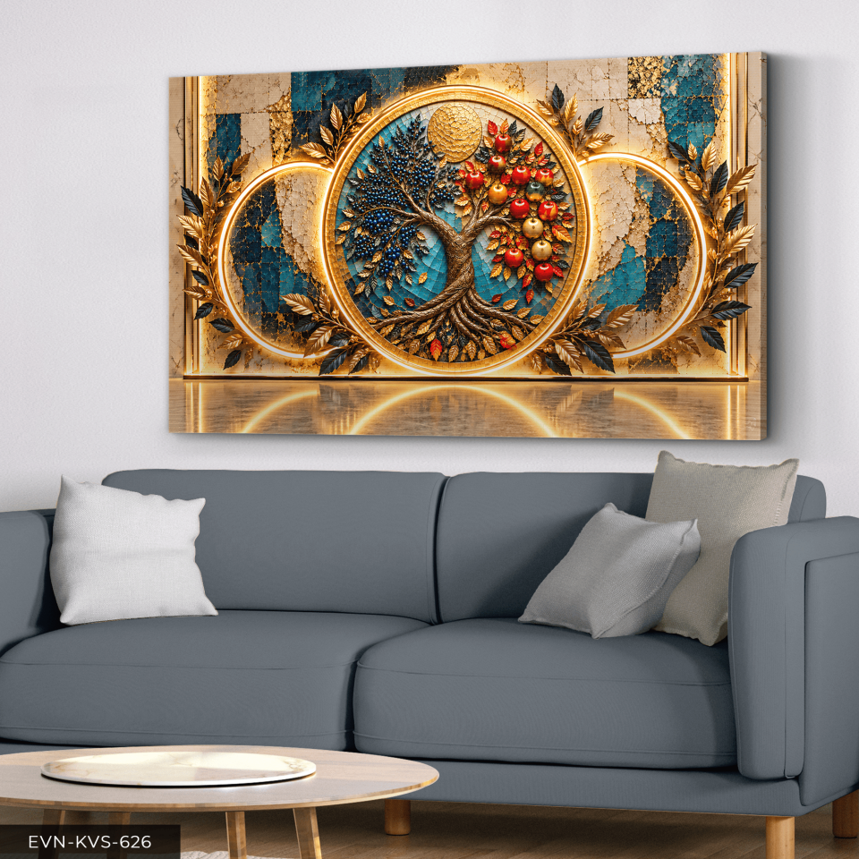Yuvarlak Desenler ve Elma Ağacı Tek Parça Işıksız Kanvas - Canvas Tablo