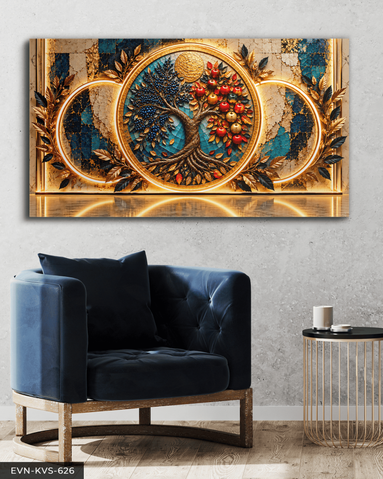 Yuvarlak Desenler ve Elma Ağacı Tek Parça Işıksız Kanvas - Canvas Tablo
