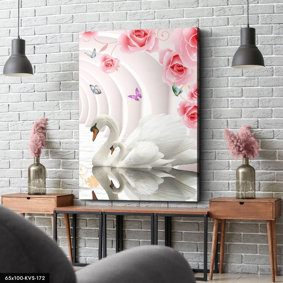 Kuğu Çiçekler Kanvas - Canvas Tablo 40 x 30 CM - Çok Renkli