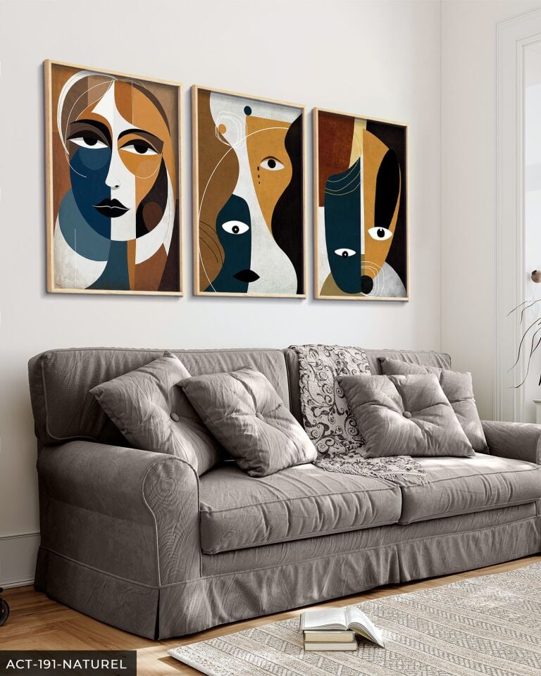 Soyut Sanat Portre 3 Parça Ahşap Çerçeveli Tablo ACT Naturel - 20 x 30 CM