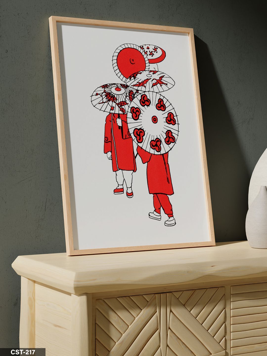 Kırmızı Şemsiyeli İnsanlar Tek Parça Ahşap Çerçeveli Tablo Naturel - 50 x 70 CM