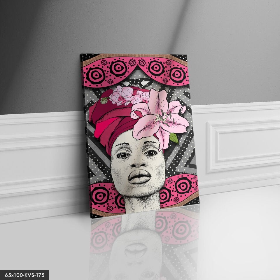 Pembe Çiçekli Kadın Kanvas - Canvas Tablo