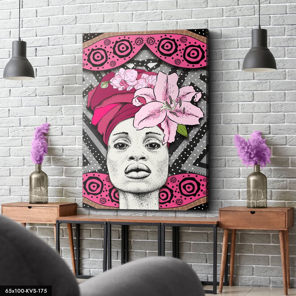 Pembe Çiçekli Kadın Kanvas - Canvas Tablo