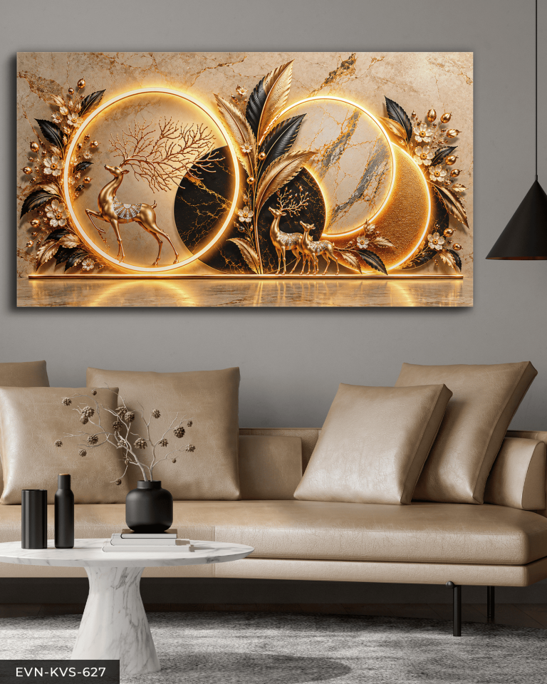 Gold Siyah Yapraklar ve Geyik Tek Parça Işıksız Kanvas - Canvas Tablo