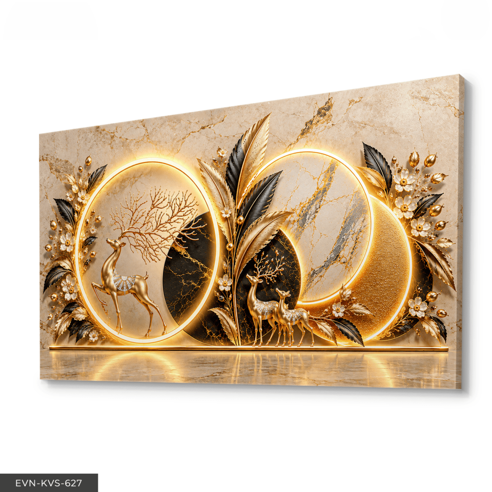 Gold Siyah Yapraklar ve Geyik Tek Parça Işıksız Kanvas - Canvas Tablo