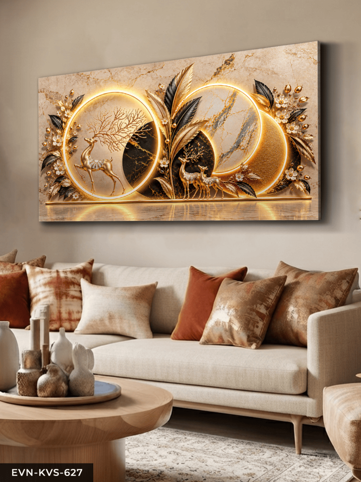 Gold Siyah Yapraklar ve Geyik Tek Parça Işıksız Kanvas - Canvas Tablo