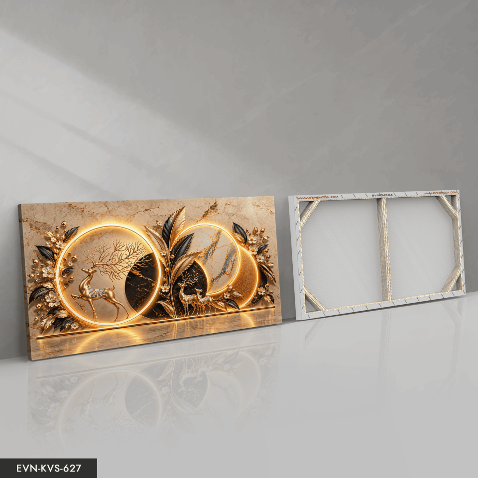 Gold Siyah Yapraklar ve Geyik Tek Parça Işıksız Kanvas - Canvas Tablo
