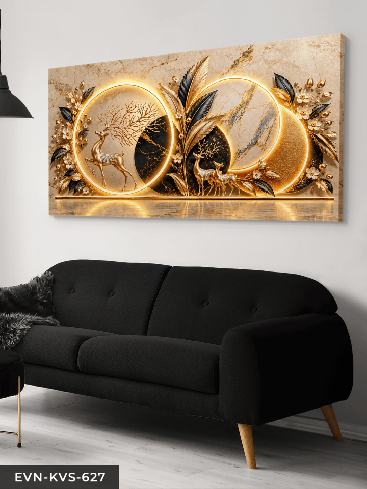 Gold Siyah Yapraklar ve Geyik Tek Parça Işıksız Kanvas - Canvas Tablo