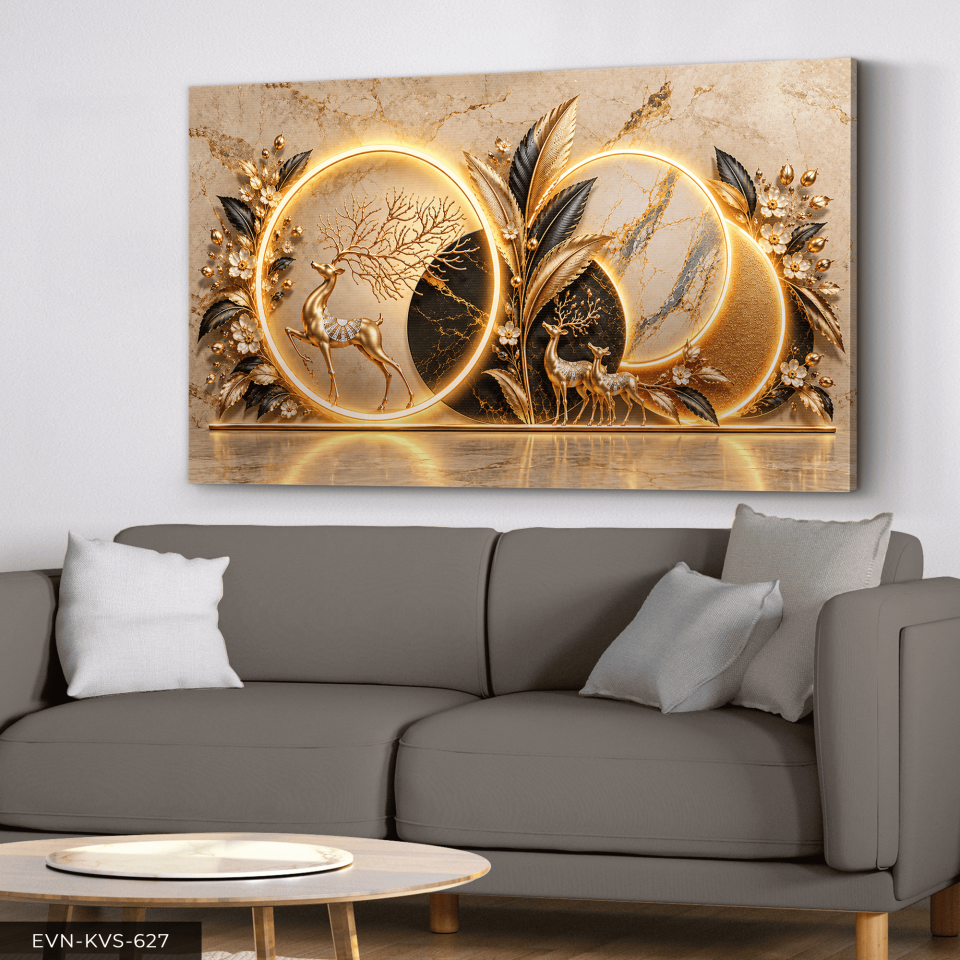 Gold Siyah Yapraklar ve Geyik Tek Parça Işıksız Kanvas - Canvas Tablo