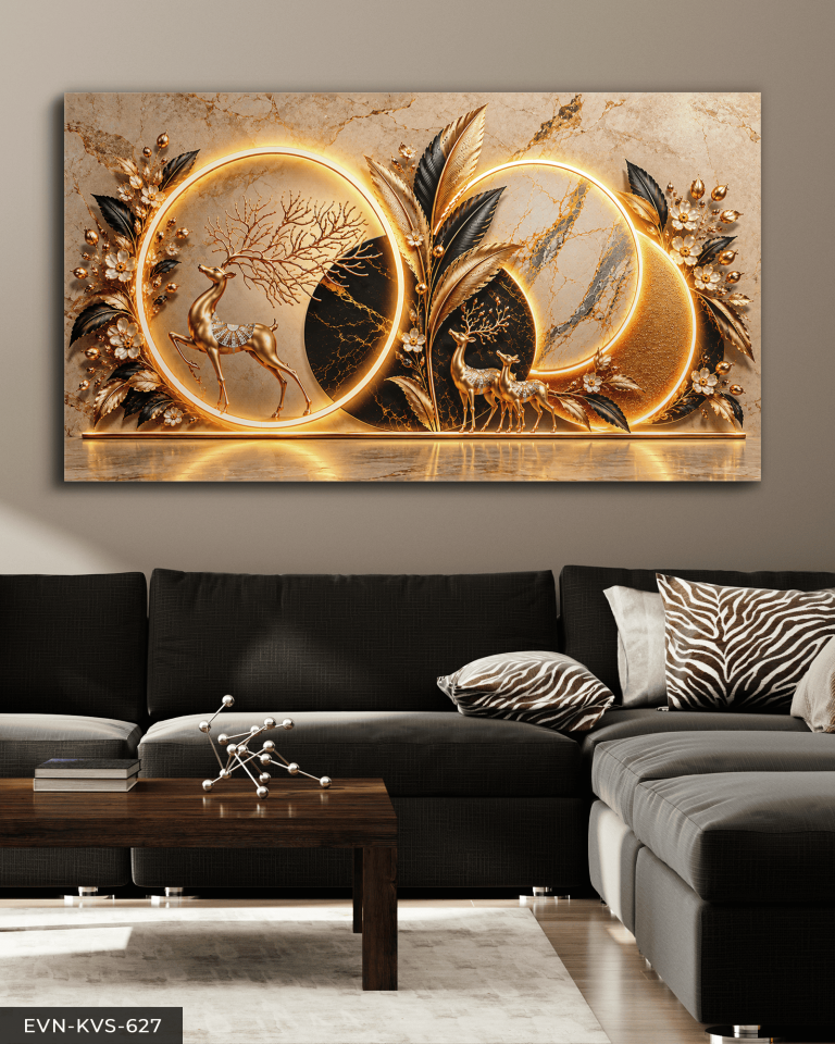Gold Siyah Yapraklar ve Geyik Tek Parça Işıksız Kanvas - Canvas Tablo