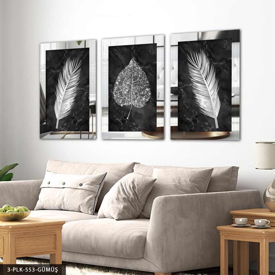 Çiçek Yaprak 3 Parça Pleksi Aynalı Tablo 40 x 60 CM - Gümüş