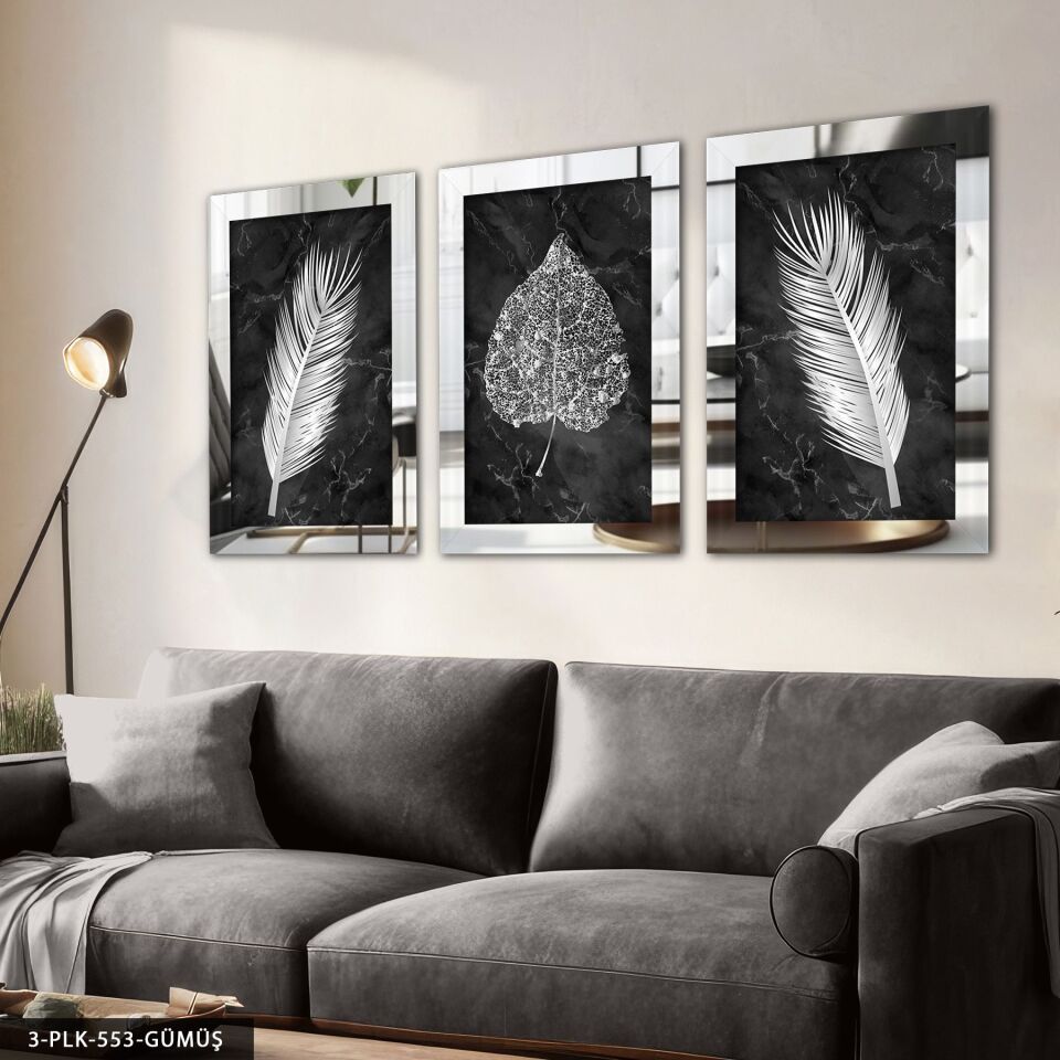 Çiçek Yaprak 3 Parça Pleksi Aynalı Tablo 40 x 60 CM - Gümüş