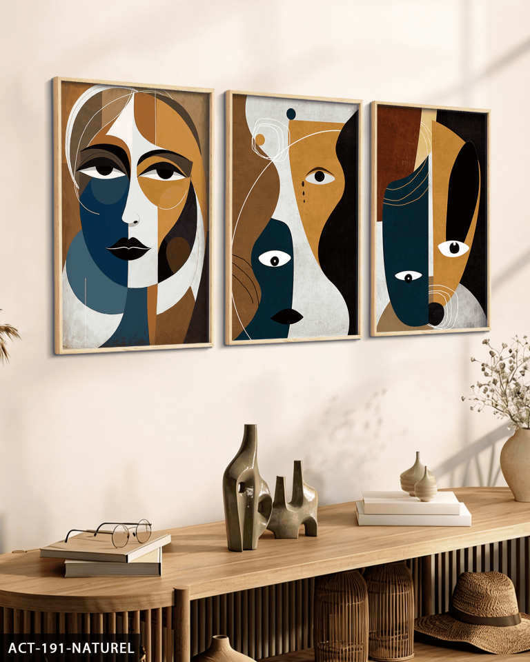 Soyut Sanat Portre 3 Parça Ahşap Çerçeveli Tablo ACT Naturel - 50 x 70 CM