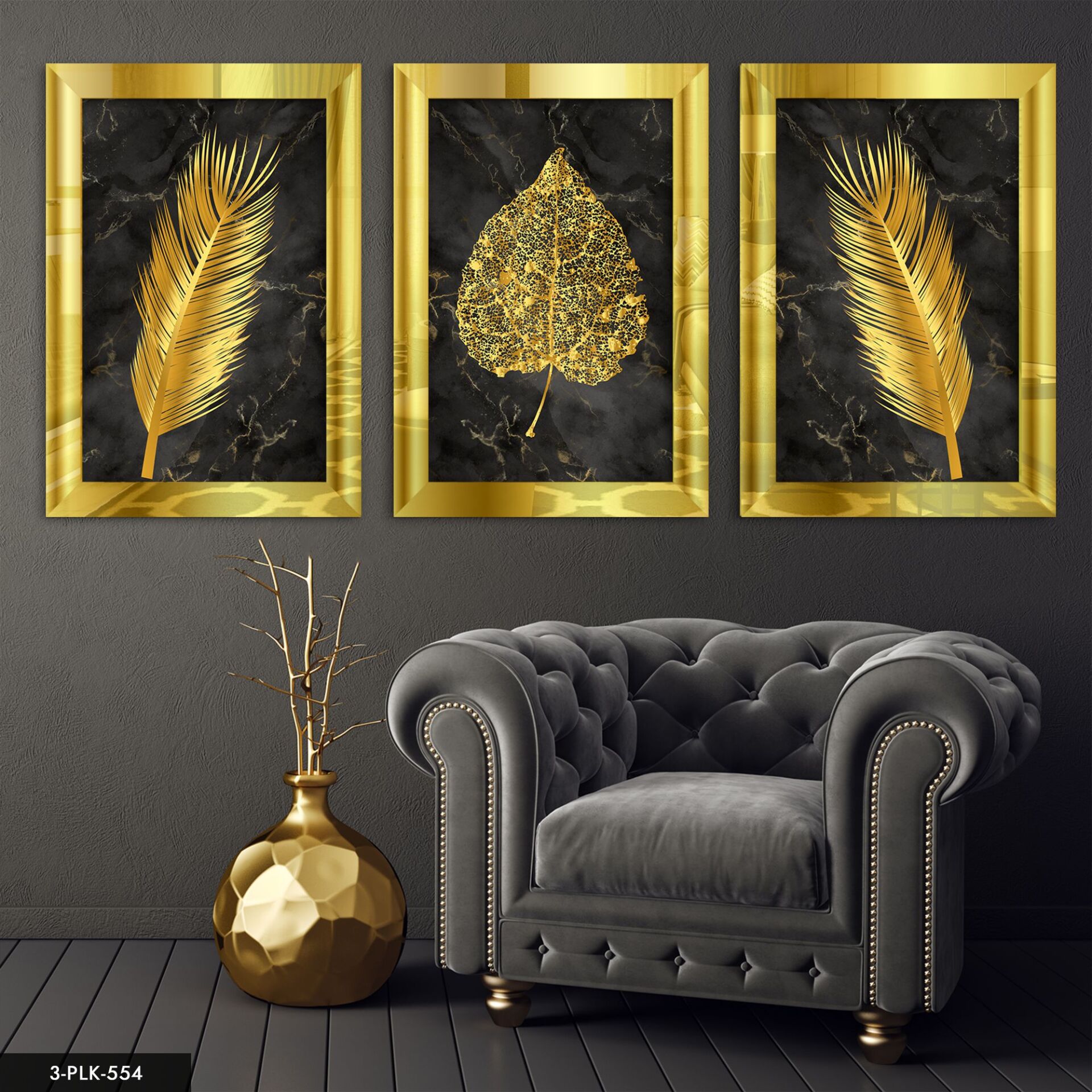 Çiçek Yaprak 3 Parça Pleksi Aynalı Tablo 40 x 60 CM - Gold