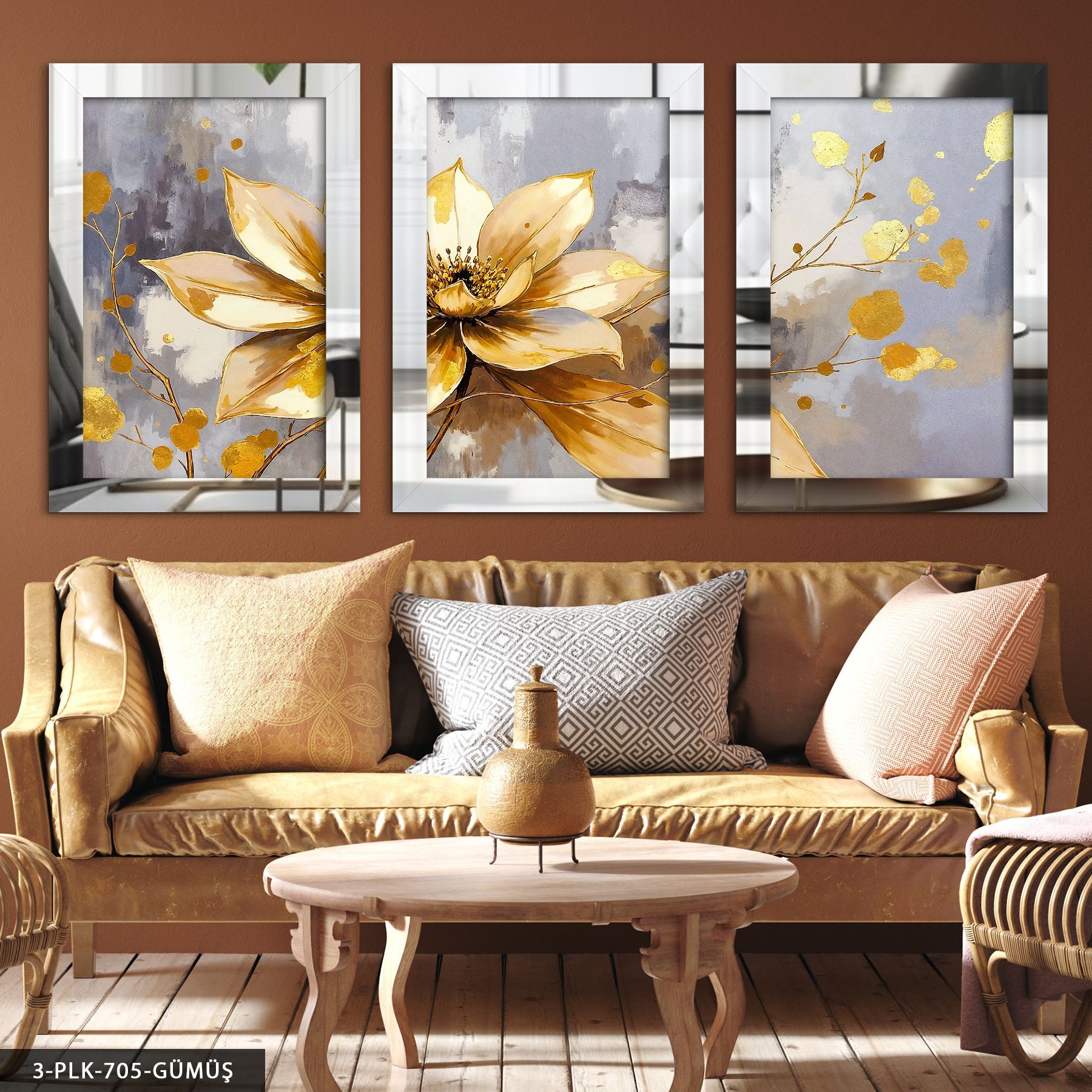 Yağlı Boya Görünümlü Gold Çiçek 3 Parça Pleksi Aynalı Tablo 30 x 40 CM - Gümüş