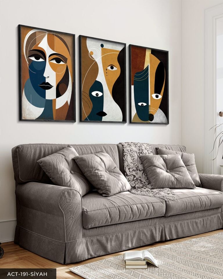 Soyut Sanat Portre 3 Parça Ahşap Çerçeveli Tablo ACT Siyah - 20 x 30 CM