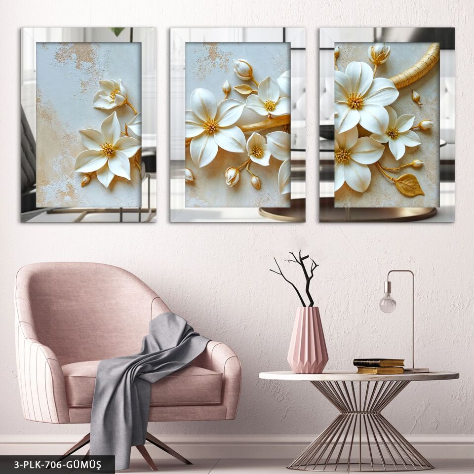 Beyaz Zambak 3 Parça Pleksi Aynalı Tablo 30 x 40 CM - Gümüş