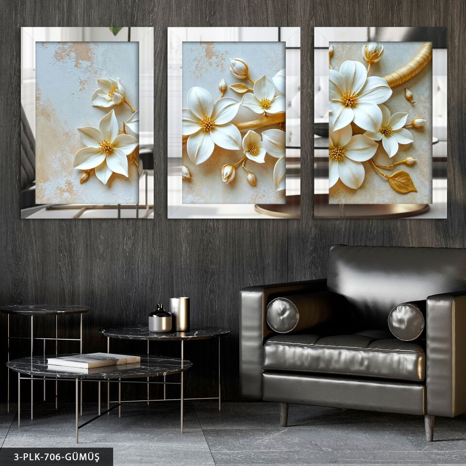 Beyaz Zambak 3 Parça Pleksi Aynalı Tablo 30 x 40 CM - Gümüş