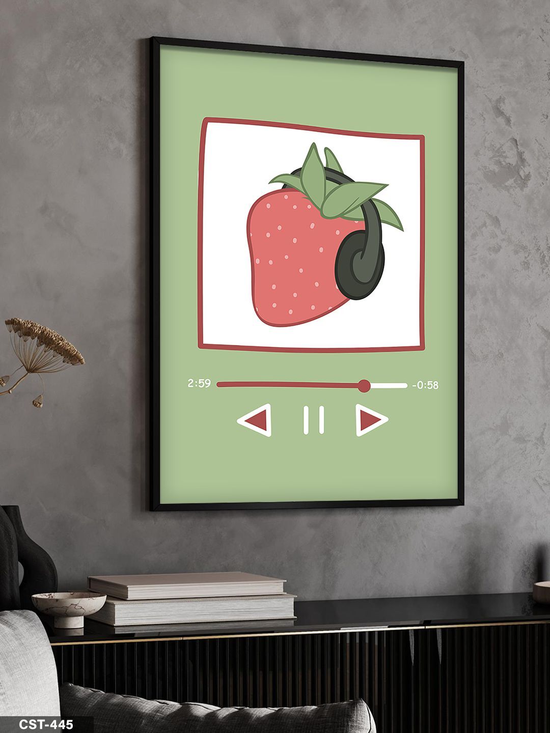 Kulaklıklı Çilek Tek Parça Ahşap Çerçeveli Tablo Siyah - 40 x 60 CM