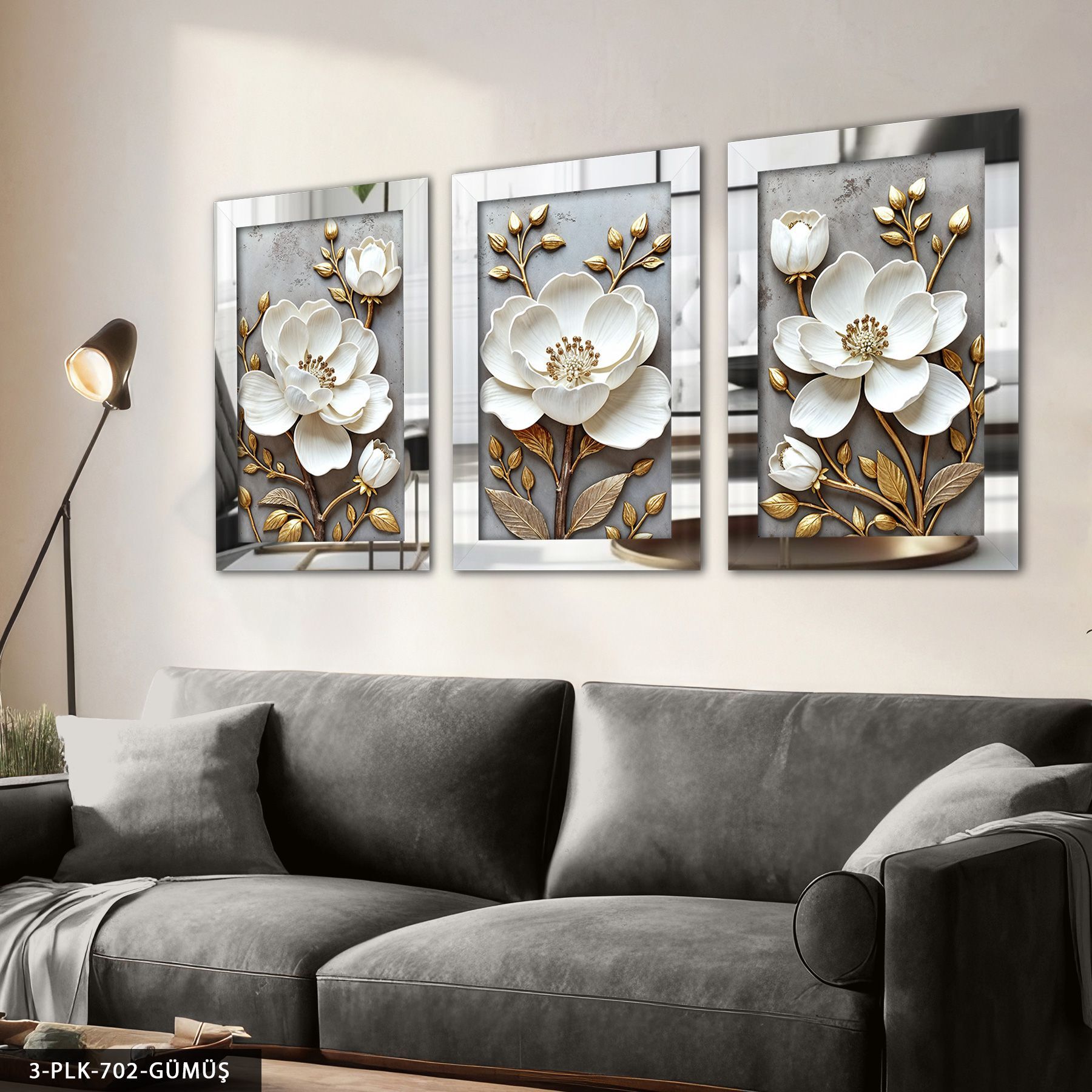 Gold Yapraklı Beyaz Çiçek 3 Parça Pleksi Aynalı Tablo 40 x 60 CM - Gümüş