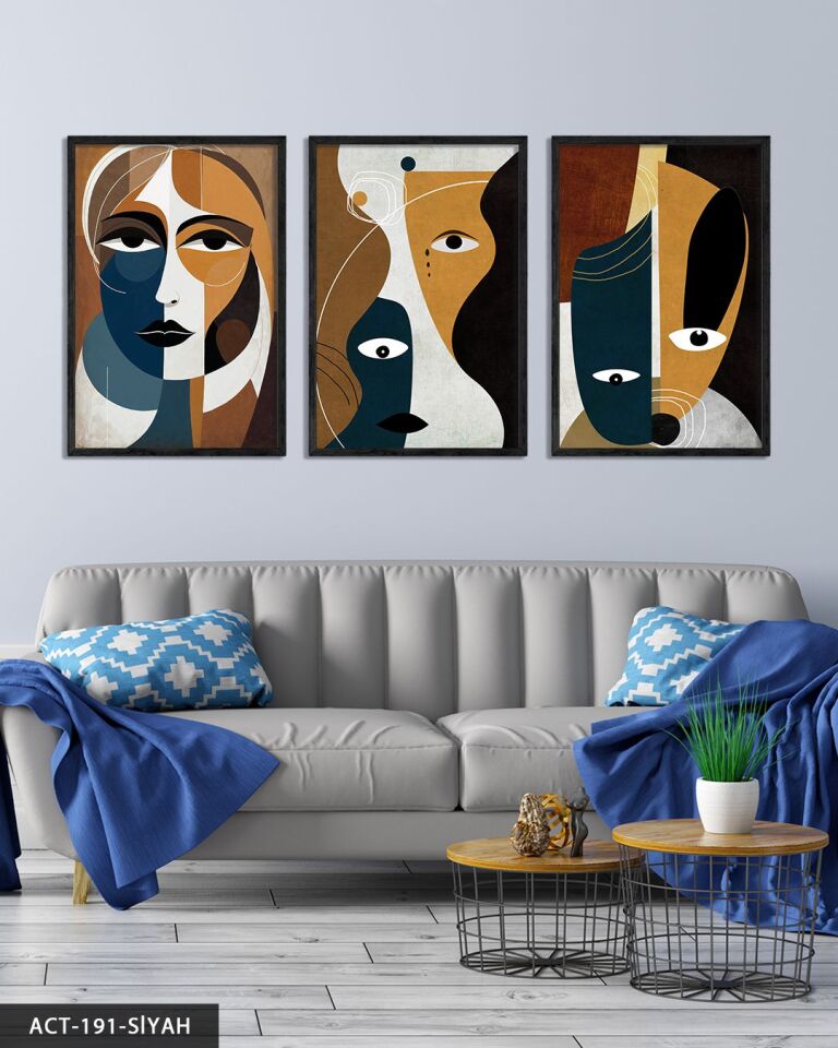 Soyut Sanat Portre 3 Parça Ahşap Çerçeveli Tablo ACT Siyah - 50 x 70 CM